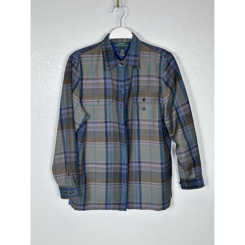 Lauren Ralph Lauren Women's M Plaid 100% Wool Blue Green Long Sleeve Shirt